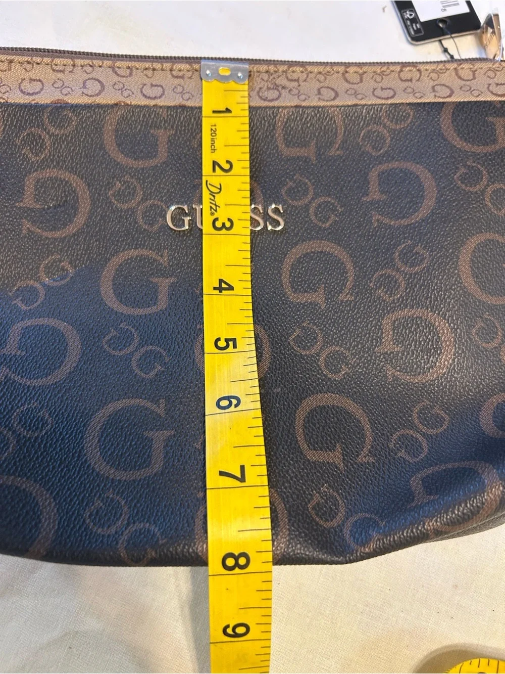GUESS Brown Monogram Cosmetic Pouch with Gold Hardware